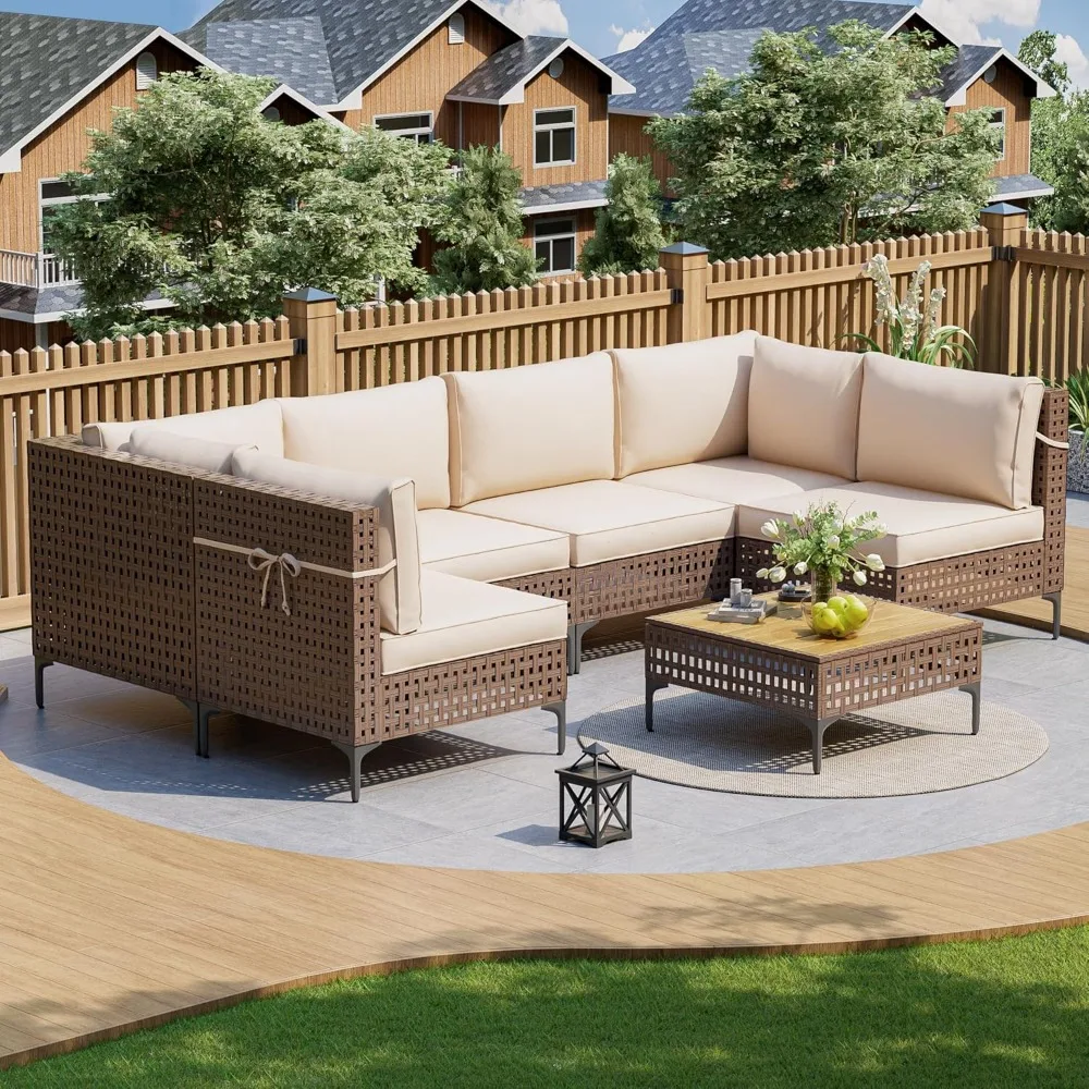 

7-Piece Outdoor Patio Furniture Set, All-Weather Rattan Sectional Sofa with Thick Cushions, Modular Conversation Set for Poolsid