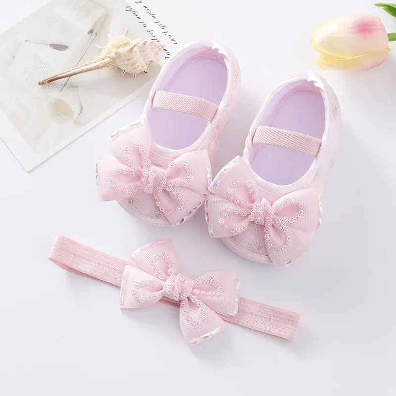 

Infant Baby Girls Flats Bow Princess Shoes Walking Shoes Headband for Newborn Infant Toddler