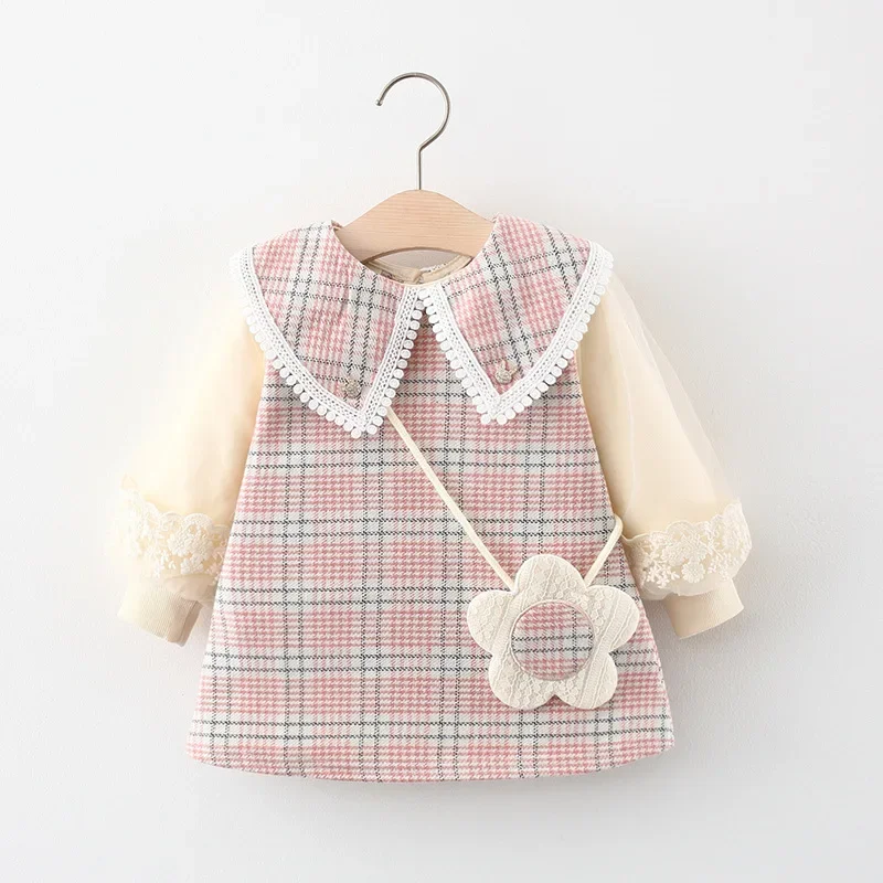 2 Pcs Spring and Autumn New Girl Baby Long Sleeve Dress Sweet plaid Large Collar Princess Dress Comes with Flower Pack