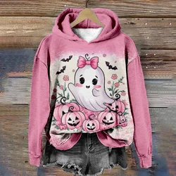 Halloween Hoodie for Women Kawaii Gost Print Pink Pullover Pumpkin Fashion Harajuku Long Sleeve Sweatshirt