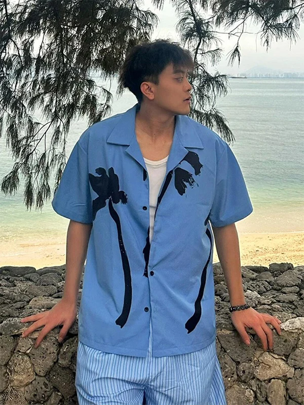 

Hawaii Beach Vaion Sle nut Tree Print Ice Silk Cool Feeling ort Sve Men's irt Trendy Beach Top Casual Loose Fit
