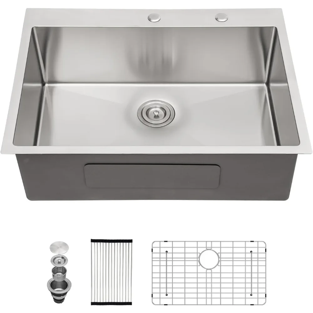 

30"x22" Drop In Kitchen Sink Stainless Steel 16 Gauge Single Bowl Deep Drop In Topmount Handmade Rectangle Kitchen Sink Basin