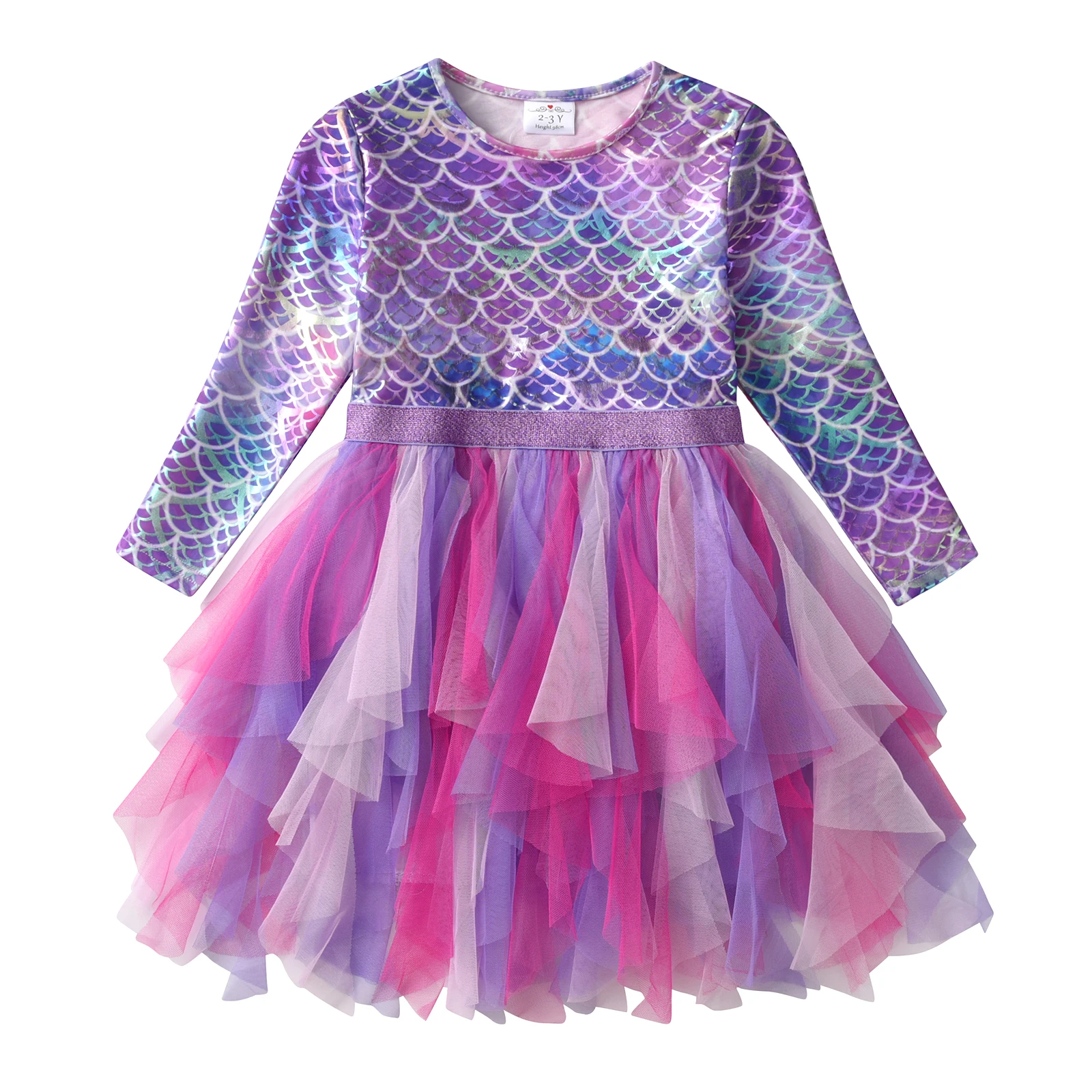 VIKITA Girls Mermaid Print Dress Kids Autumn Spring Long Sleeve Irregular Dresses Girls Tulle Mesh Tutu Party Princess Dress