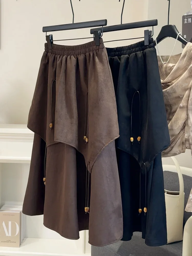 

Необычная замшевая юбка, женская осенне-зимняя двухслойная большая юбка с высокой талией, женская дизайнерская многоуровневая длинная юбка с ремешком