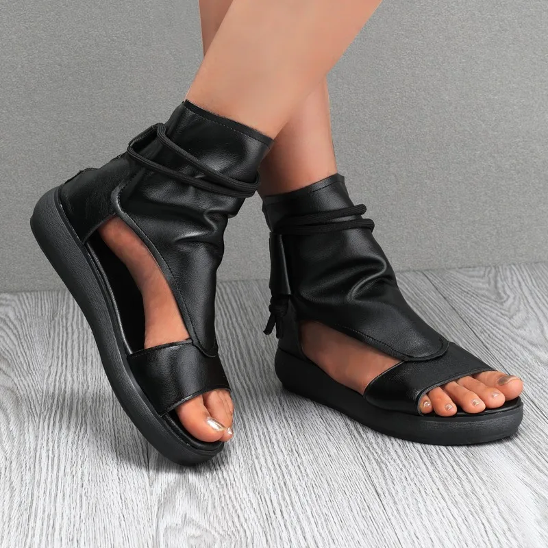 Summer Fashion Women Sandals New Retro Soft PU Leather Ladies Cool Boots Fish Mouth Sandals Wedges Mid Heels Shoe Sandalias