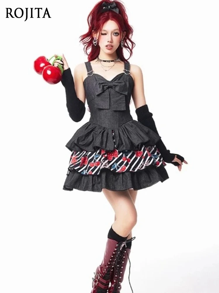 

Japanese Lolita Dress Sleeveless Cherry Print Denim JSK Soft Girl Summer Dress 2025 New Women Dress Black Dresses