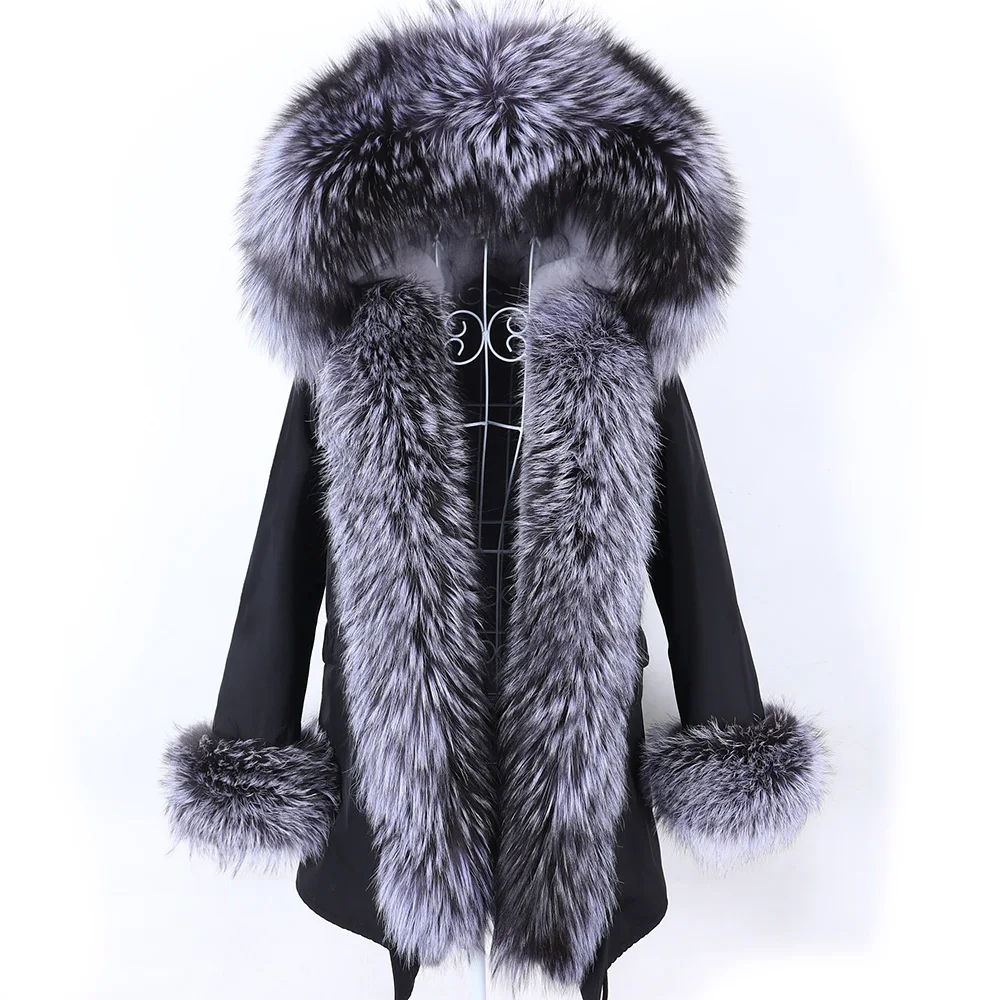 

Maomaokong 2023 New Winter Women's Cold Coat Inner Fur Jacket Real Natural Silver Fox Fur Collar Parka Luxury Female Clothes