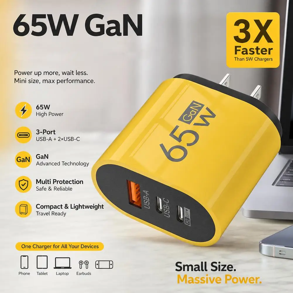 65W GaN Fast Charging Universal USB Type C Phone Charger PD QC3.0 Quick Charge Wall Charger Adapter Block for IPhone Samsung