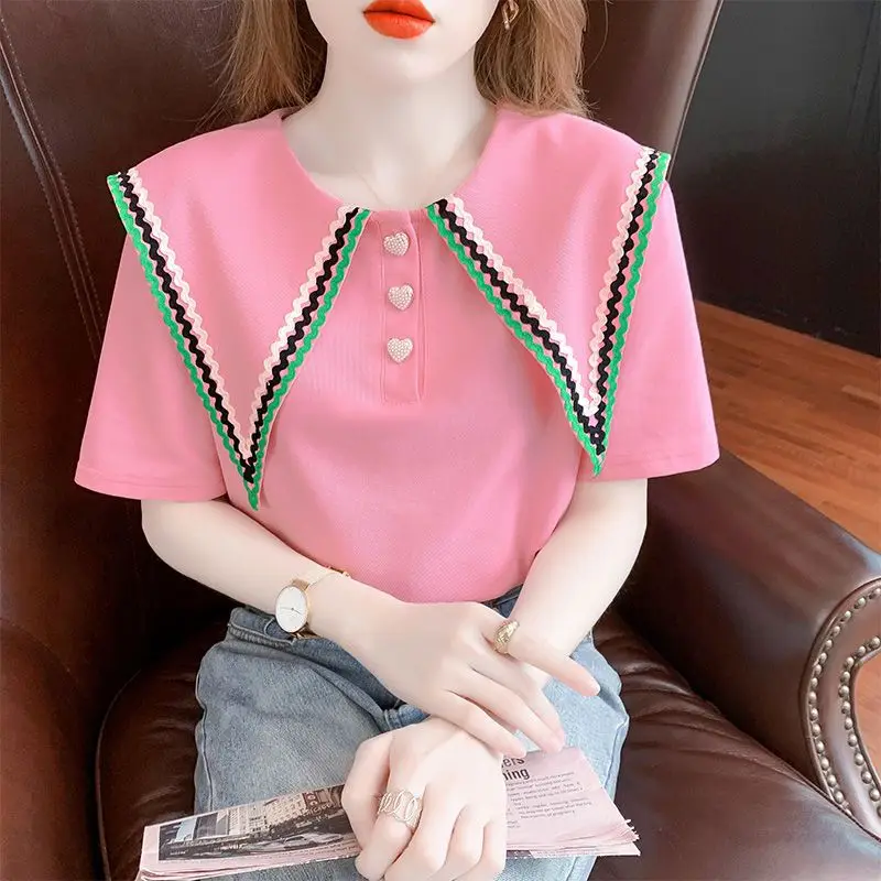 2023 Women\'s Clothing Fashion Loose Short Sleeve Pullovers Solid Color Summer O-neck Cute Sweet Young Style Streetwear Blouses