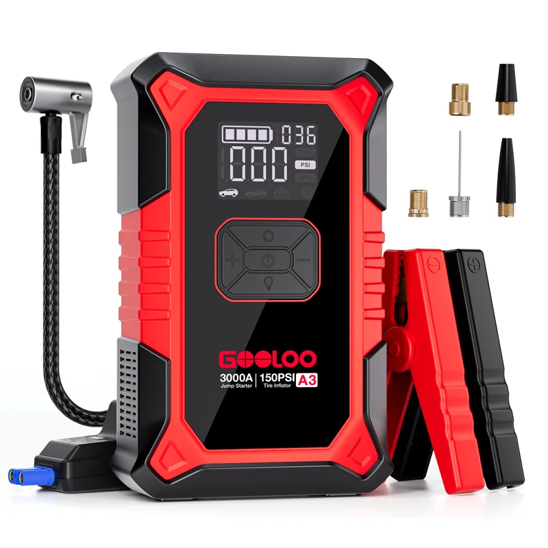 GOOLOO A3 Jump Starter met luchtcompressor, 3000A draagbare auto-accuversterker (9,0 gas/6,5 liter diesel) met 150PSI automatische uitschakeling Ti