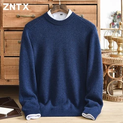 ZNTX-Suéter de caxemira puro masculino, monocromático, gola redonda, malha quente espessa, casual solta, remendo de ombro, estilo japonês, novo