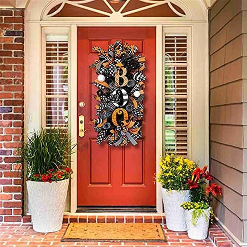 A59E-1 قطعة إكليل غنيمة الهالوين إكليل الخريف عنكبوت الهالوين وشبكة وأشرطة إكليل غنيمة