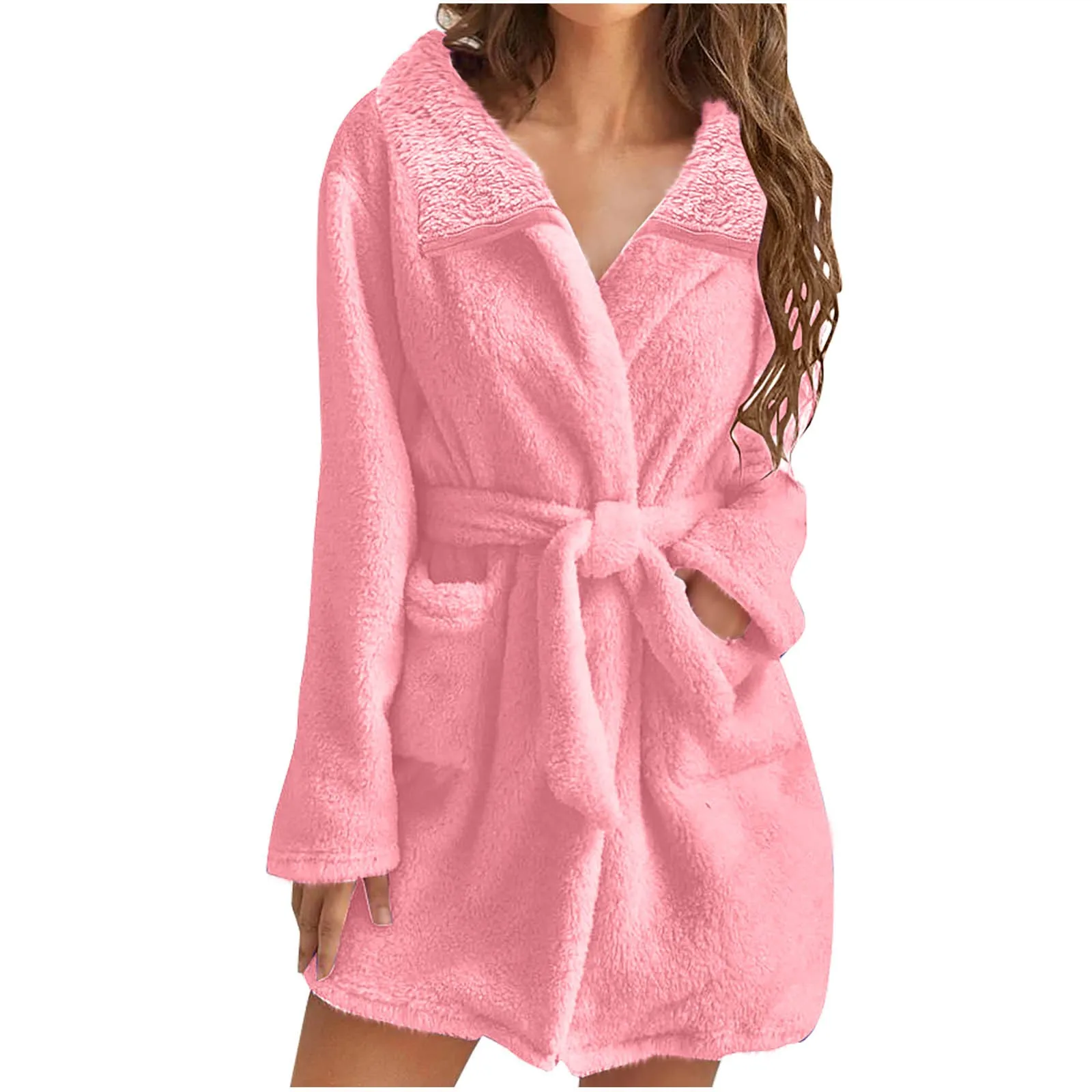 Women Warm Fleece Lace Up Bathrobe 2024 Solid Color Homewear Clothes With Pockets Sexy Plus Size Fuzzy Pajamas Robe Sleepwear