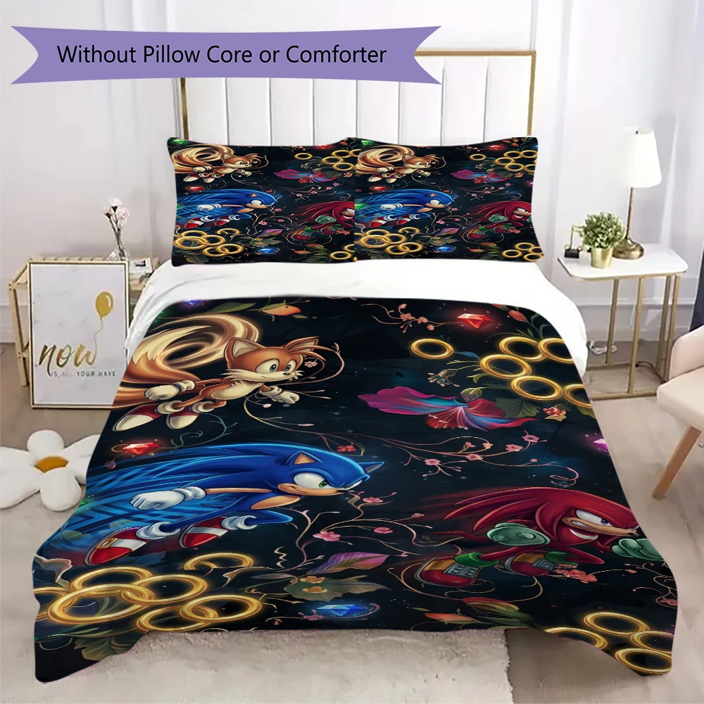 Pillowcase & Duvet Cover Set Sonic the Hedgehog Patterned Anime Bedding for Stylish Bedroom Decor Ideal Gift.-Xin