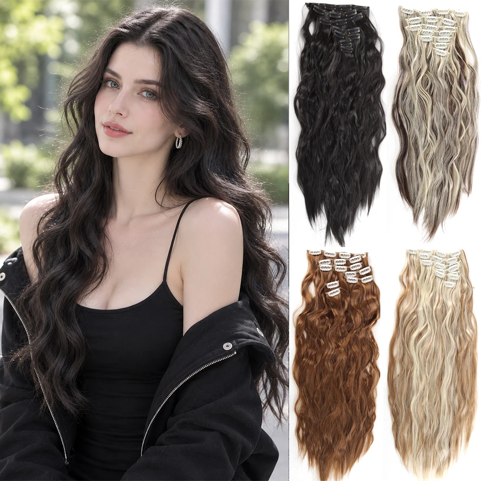 16 Clips in Hair Extensions Long Curly Hairstyle Synthetic Heat Resistant Fiber Hairpieces For Women Daily Vacation Festival Use