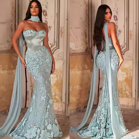 Graceful Appliques Evening Dresses Strapless Beading Prom Dress Sleeveless Customized Mermaid Party Gowns Vestidos De Noche