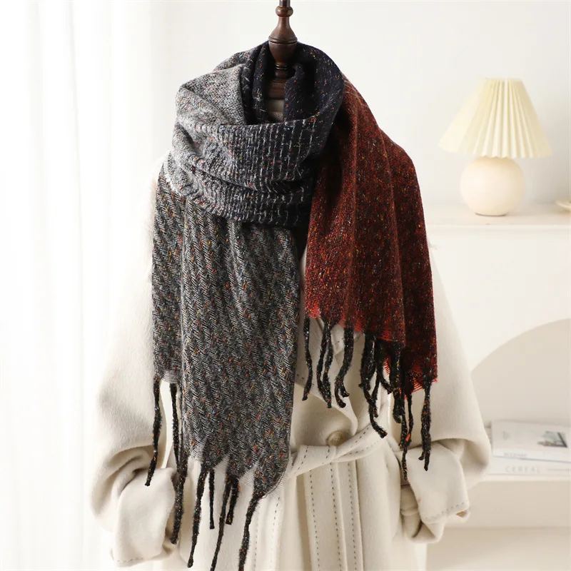 2024 Matching Geometric Stripe Scarf Imitation Cashmere Winter Warm Scarves Men Women Thickening Neck Warmer Soft Tassel Shawl