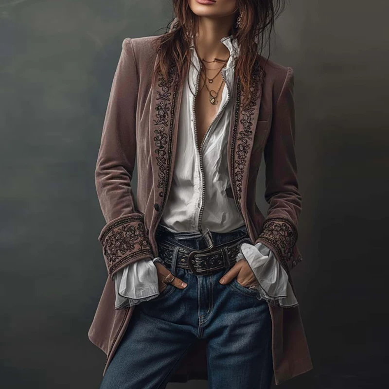 New Women Winter Coats and Jackets Vintage Floral Print Lapel Neck Velvet Outerwears Long Sleeve Autumn Cardigan Female Clothing