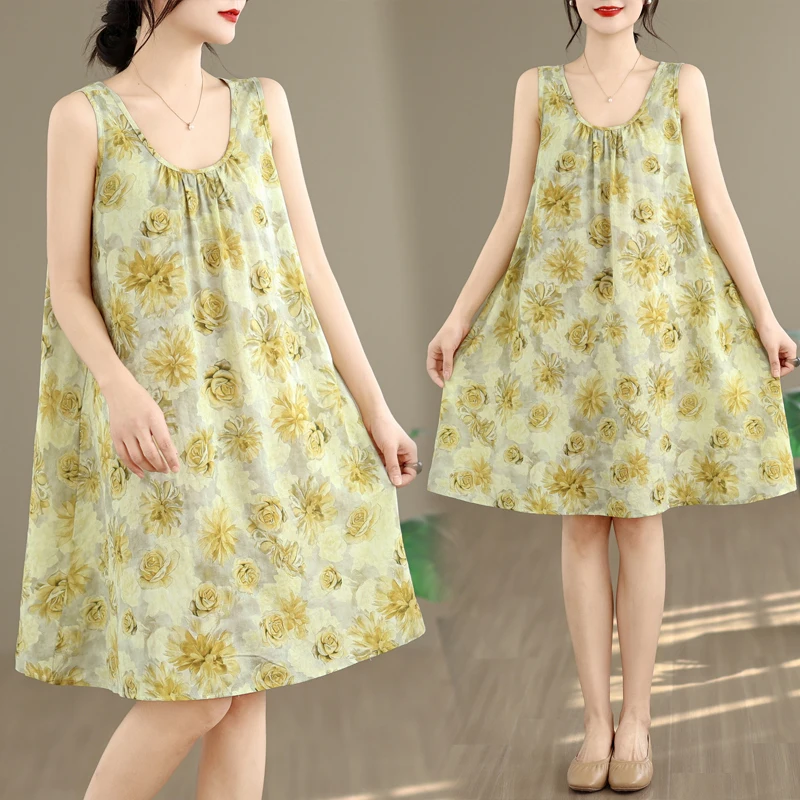 

Summer Floral Print Cotton Linen A-Line Dress Sleeveless round Neck Gown for plus Size Women Artistic Style Citywalk Gown