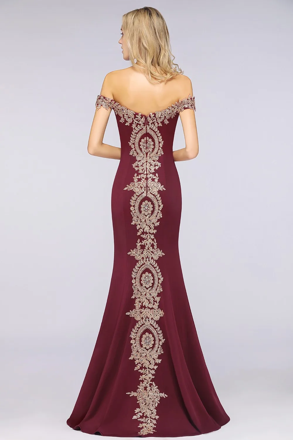 Off The Shoulder Long Mermaid Prom Dresses Burgundy Elegant Sleeveless Rose Gold Lace Appliques Evening Gowns Vestidos de Gala