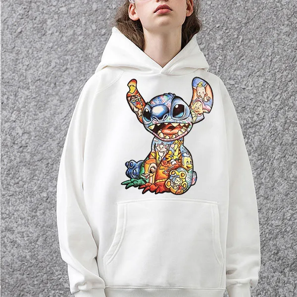 New Disney Funny Stitch Hoodies Women Harajuku Pullovers Cute Kawaii Casual Tops Angel Print Hooded Sweatshirt Long Sleeves