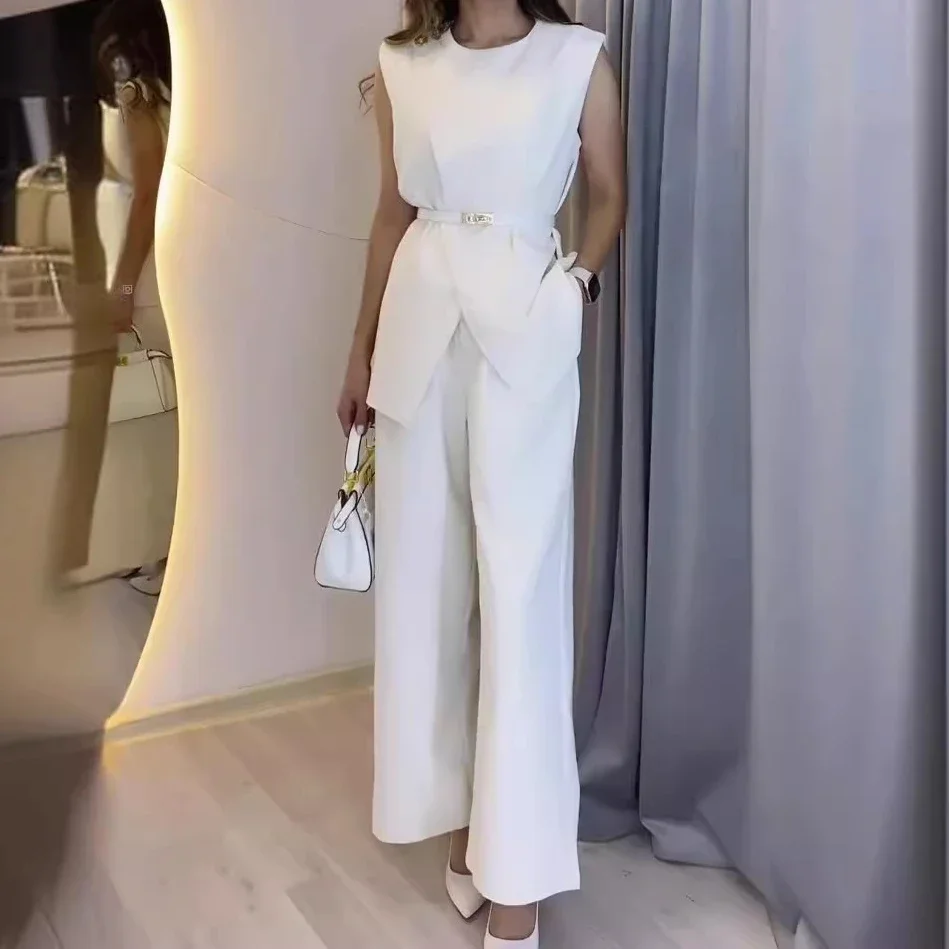 Two Piece Sets Women Pants Set Round Neck Belt Sleeveless White High Waist Tops Solid Wide Leg Long Pants Slim Fit Elegant 2024