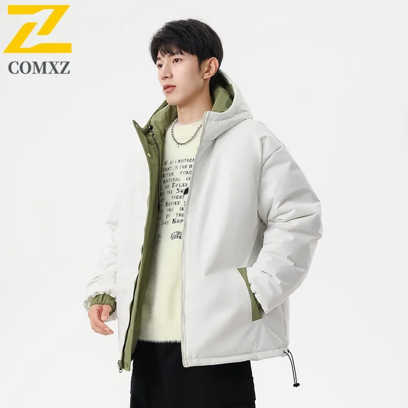 Coxz jaqueta masculina de pão com capuz, à prova de frio, à prova de vento, leve, moderna, solta, formal, neve, esqui, acolchoada, streetwear, casaco acolchoado