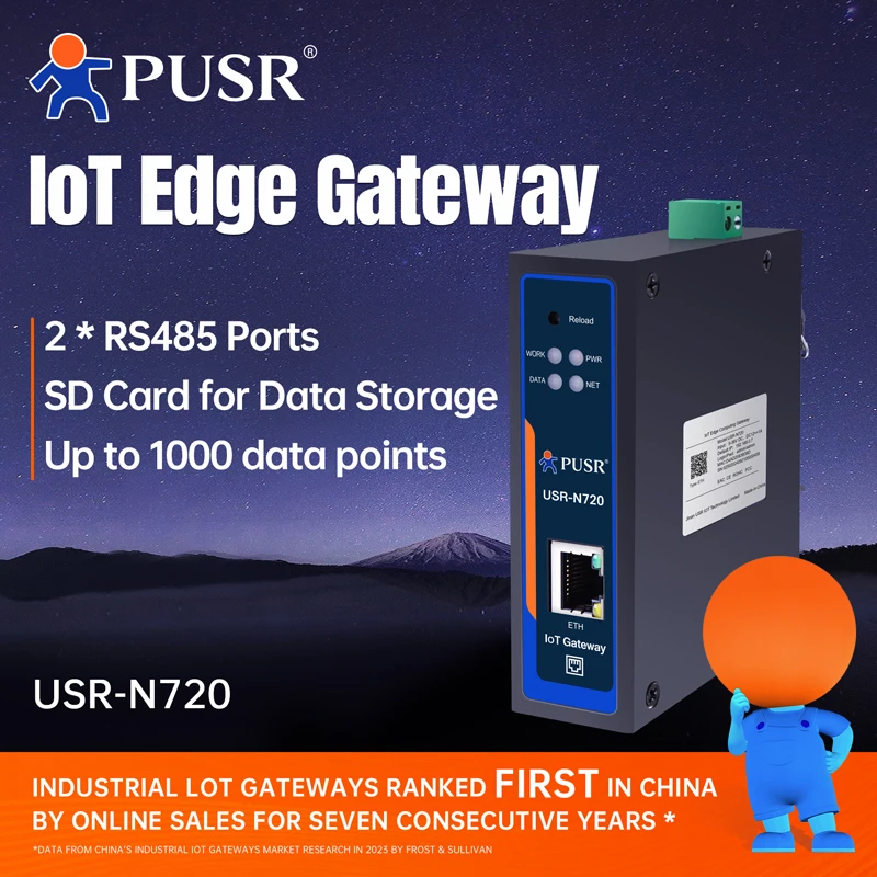 PUSR Edge Computing IoT Gateway 2*RS485 with SD Card Modbus to MQTT/Json DL645 to MQTT+Json RS485 to Ethernet USR-N720-ETH