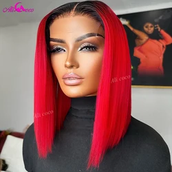 Red Color Black Root Lace Front Human Hair Wigs With Baby Hair Straight Bob Wig Transparent Lace Human Hair Bob Wigs For Women