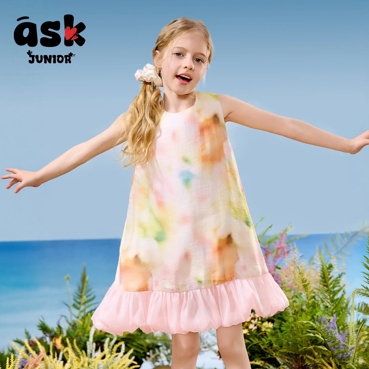 فستان بناتي صيفي صيفي بألوان متباينة بدون أكمام برعم #2