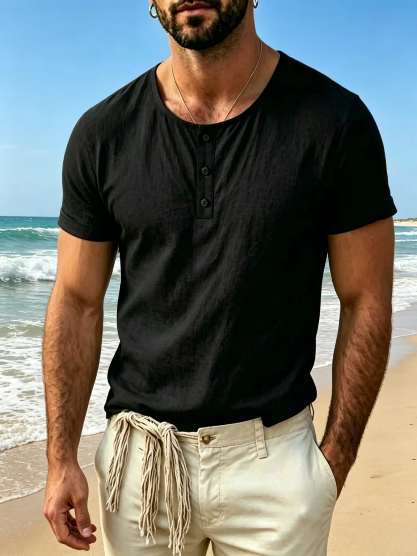 Herren Henley-Shirt mit Kurzarm, Leichtes Atmungsaktives Baumwoll-Leinen-Gemisch, Lässiges Strand- und Sommer-Oberteil