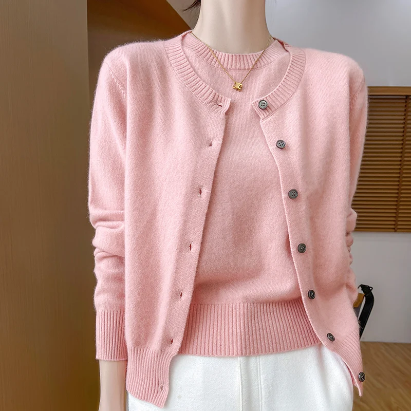 Women's Two-piece Sweater Autumn Winter New 100% Merino Wool Round neck Knitted Cardigan Fashionable Solid Color Suit Tops