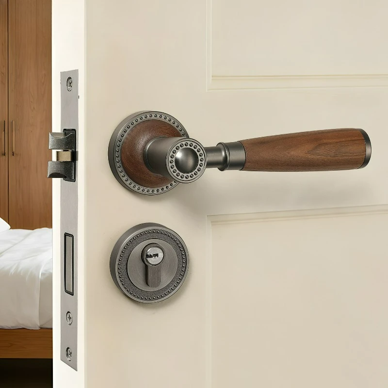 

French Retro Walnut Split Lock Simple Universal Bedroom Office Silent Lock Solid Wood Door Handle Lock