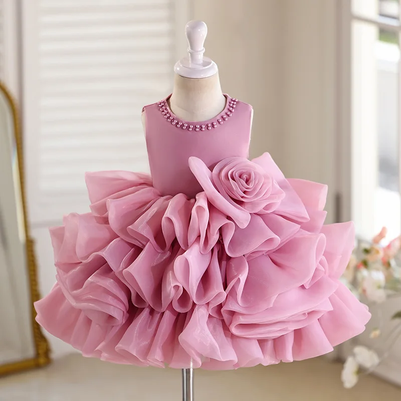 

Милое милое платье принцессы без рукавов с жемчугом и розами для маленьких детей, праздничное шифоновое бальное платье на свадьбу, день рождения