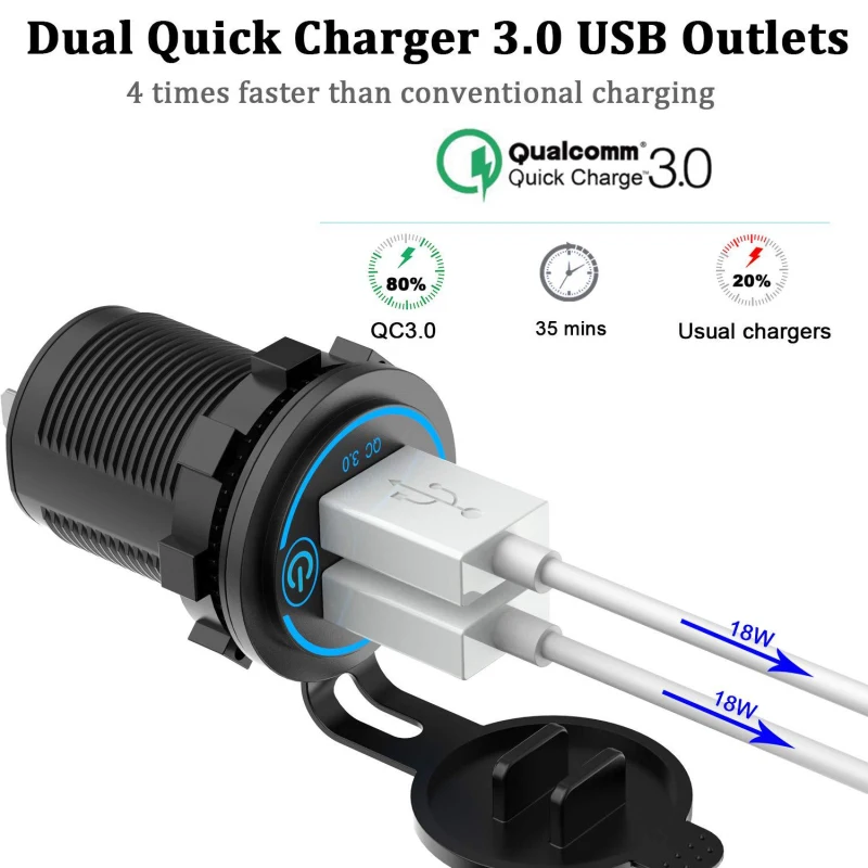 Dual USB Charger Socket Fast Charging Power Outlet Adapter with Touch Switch Waterproof for Car Motorcycle Truck RV Boat