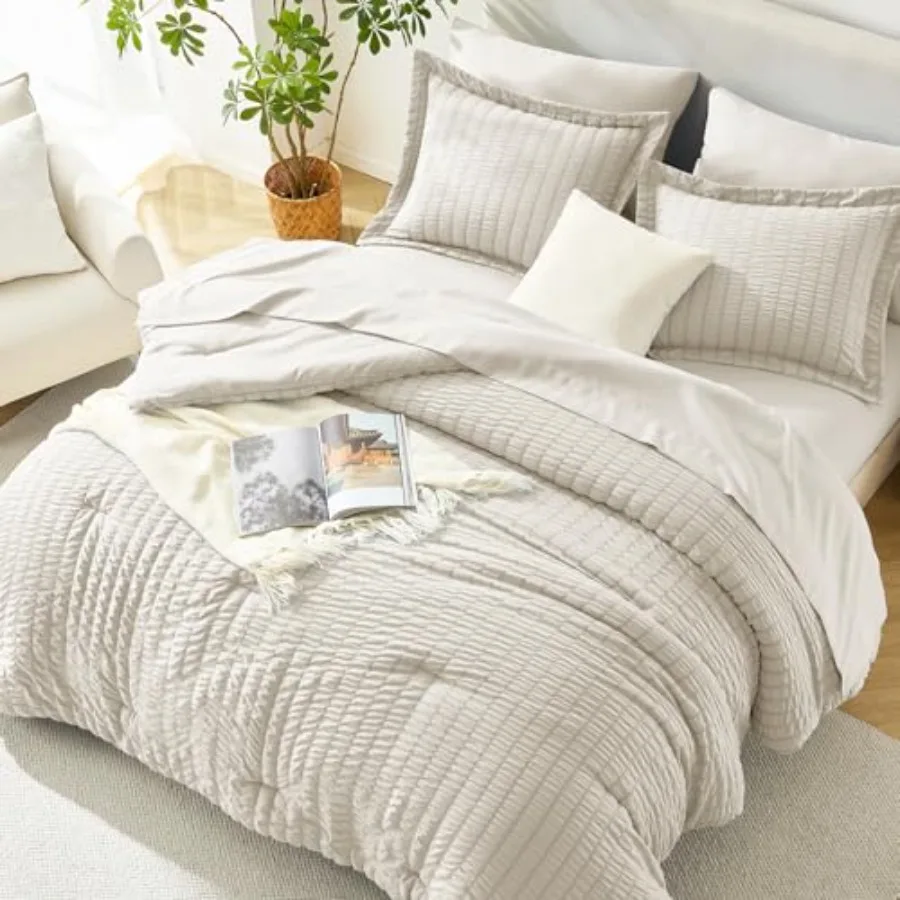 

Comforter Set - 7 Pieces Seersucker Bed in a Bag Size, Luxury Boho Comforter Set with Sheets for All Season, Bed Set with Comfo