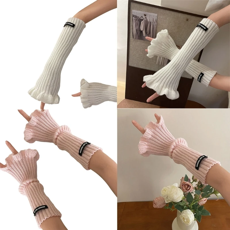 Girls Lengthen Wrist Crochet Fingerless Gloves Fingerless Keep Warm Trumpet Trim Arm Warmer for Women Winter