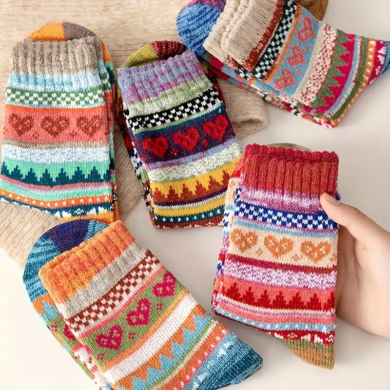 5 Pairs Women Socks Autumn Winter Thickened Warm Soft Comfortable Fashion Middle Socks Women Calf Socks Retro Ethnic Socks