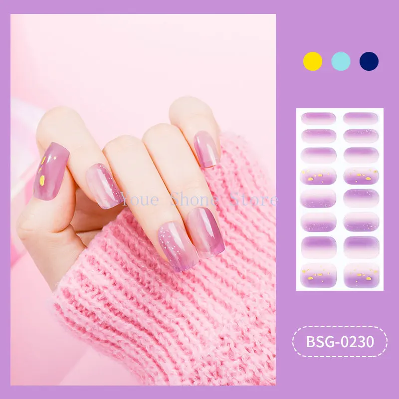 16 Strips Semi Cured Gel Nail Stickers Set for UV Lamp Full Cover Solid color Manicure DIY Women Fashion Gel Nail Patch