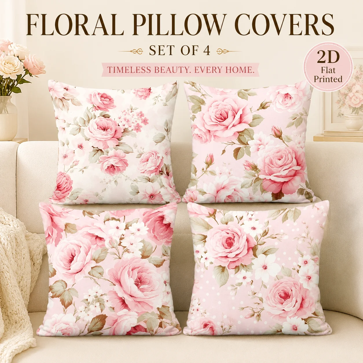 

Pillowcase Pillow Cover Cushion Covers Coussin Set Of 4 2D Flat Printed Peach Skin Shabby Chic Pink Flower Spring Room Decor