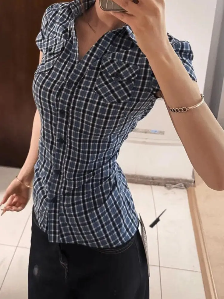 

American Style Slim Fit Plaid Short Sleeve Shirt Summer Top Korean Version Pocket Design Waist Cinched Spicy Girl Design