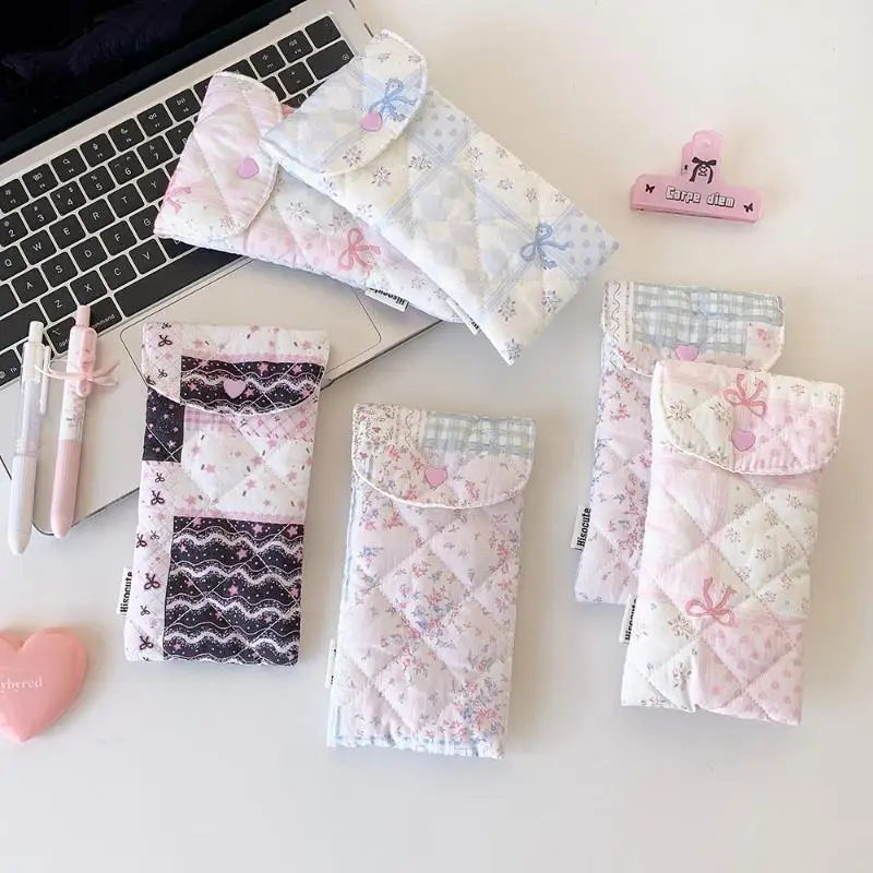 1Pcs Fashion Floral Bow Snap Pen Bag Student Stationery Girl Portable Glasses Storage Bag Large Capacity Travel Makeup Bag Gifts
