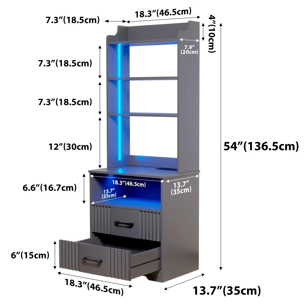 2024 New Tall Nightstand with Charging Station, 54" Smart Nightstand with LED Lights, Bedside Tables with Storage Cabinet