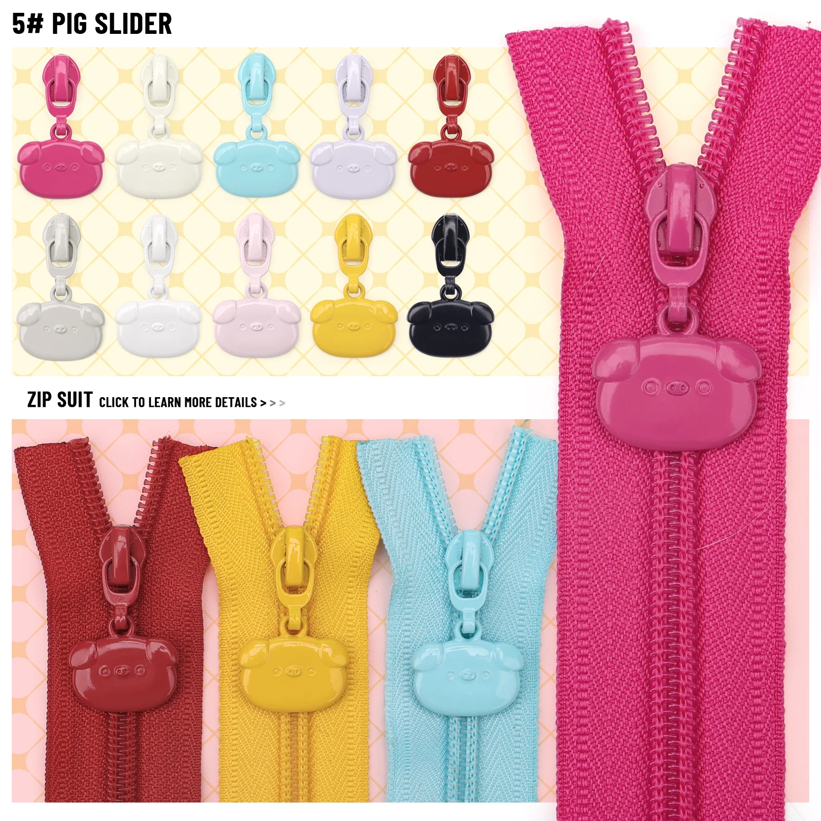 【 # 5-teiliges Set mit Nylon-Reißverschlüssen und niedlichen Schweinchen-Reißverschlussanhängern】1 Set = 5 Yards (177,16 Zoll) # 5 Nylon-Reißverschlüsse + 10 niedliche