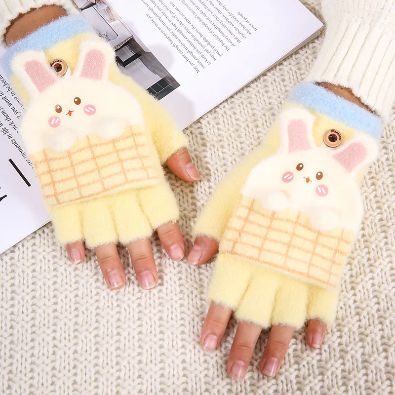3-12 Years Kids Boys Girls Homework Gloves Cute Rabbit Ear Half Finger Flip Cover Winter Warm Gloves Knitted Cold-Proof Mittens image 4