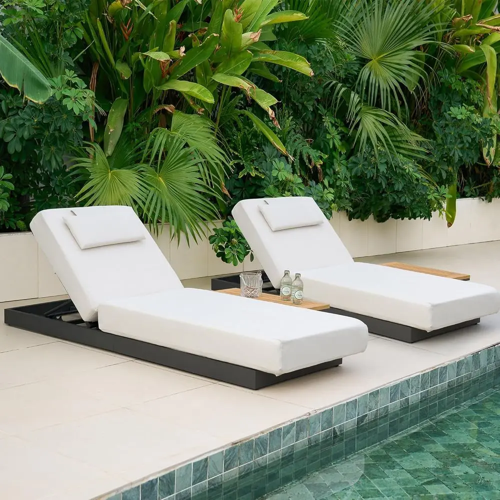 2 sillas de exterior con mesa auxiliar incorporada | Tumbona para piscina, respaldo ajustable, metal resistente a la intemperie