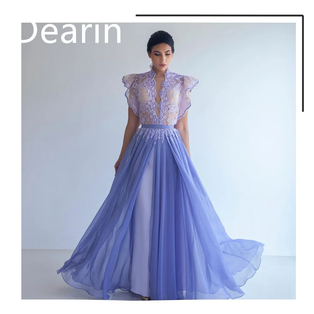 Disesuaikan Arab Saudi Dearin V-neck A-line panjang lantai terbungkus Tulle Bespoke gaun acara Formal gaun Prom gaun malam