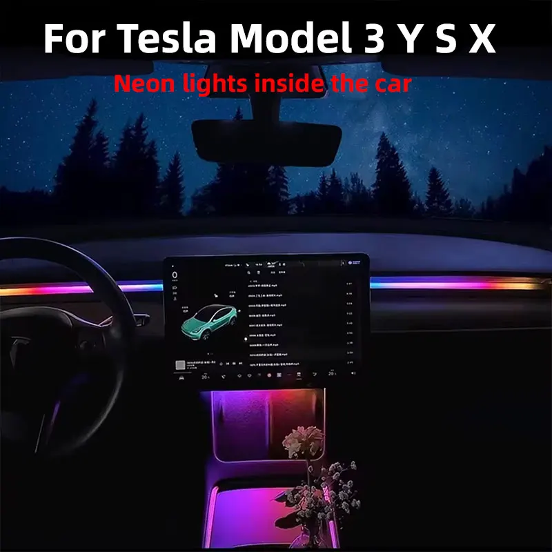 For Tesla Model 3/Y 2 IN 1 Dynamic Neon RGB Car LED Ambient Lighting 60s Automatic OFF Module Dashboard Lighting Decorative Lamp