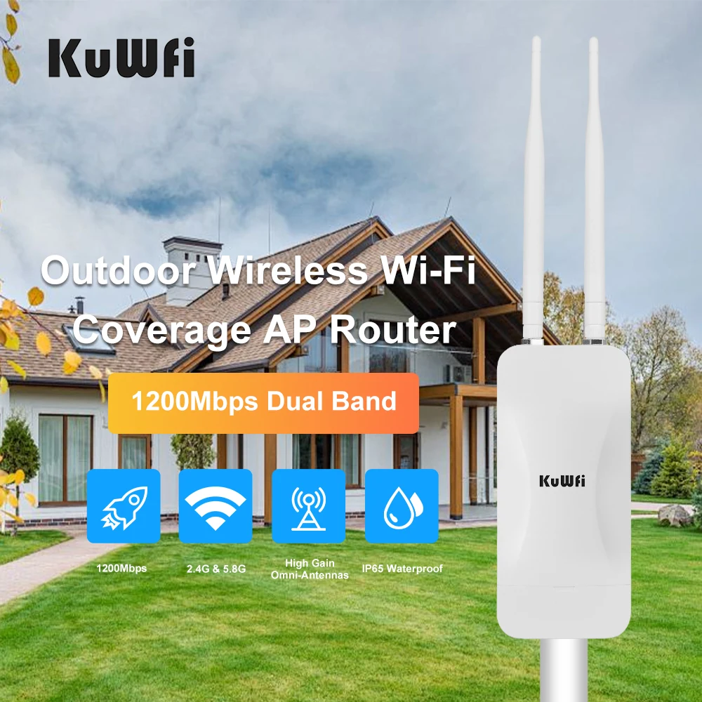 KuWFi 1200Mbps WiFi Repeater Dual Dand 2.4G 5Ghz High Power WIFI Extender Wide-Area Outdoor Long Range Wireless Coverage