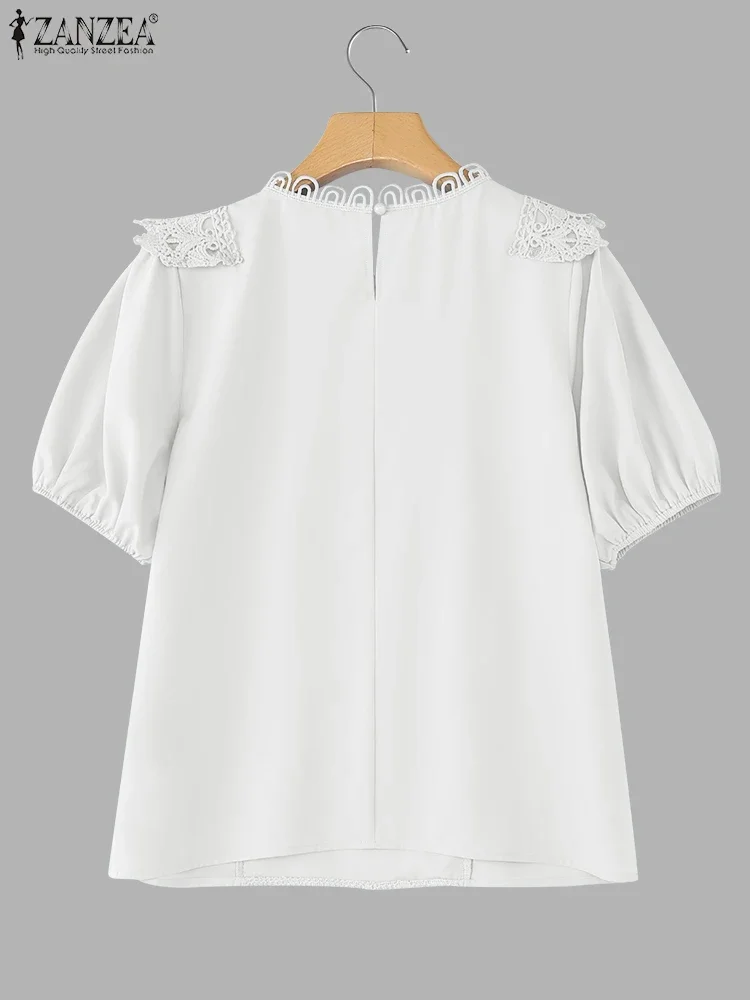 2025 ZANZEA décontracté dentelle Blouse femmes à manches courtes hauts mode couleur unie Blusas col rond surdimensionné Vintage Pacthwork tunique